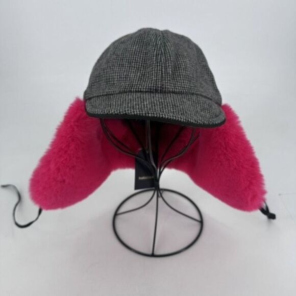 NWT Hat Attack Faux Fur Trapper Hat Bright Pink and Houndstooth Wool Blend - Picture 4 of 10